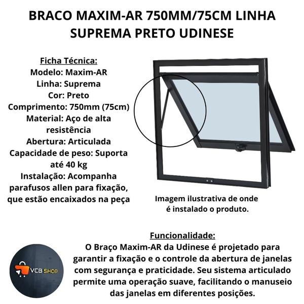 Imagem de Braco maxim-ar 750mm/75cm janela linha suprema preto udinese par