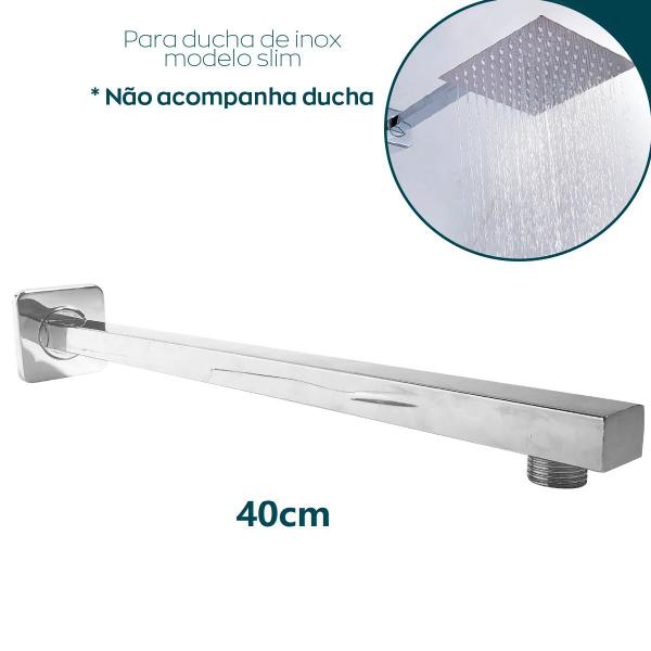 Imagem de Braço Tubo Inox Retangular 40cm Para Ducha Chuveiro a Gas Luxo Suporte de Parede Horizontal para Chuveiro Polido Brilhoso Banheiro Luxo