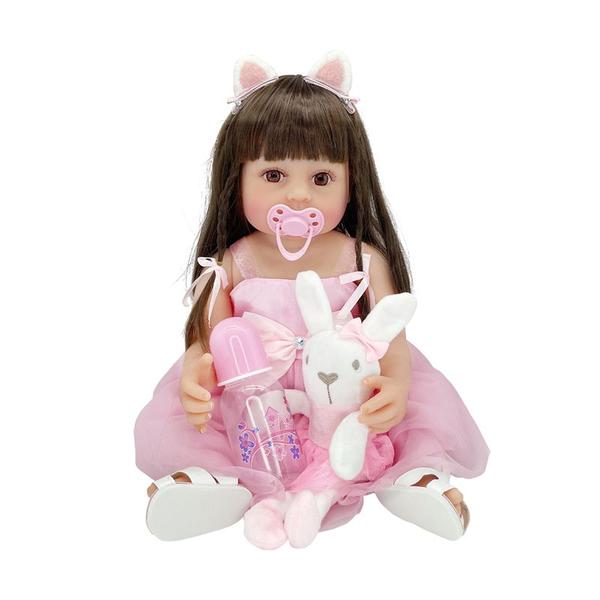 Imagem de Brastoy Boneca Bebê Reborn Silicone Menina Panda ou Coelho Olhos Castanhos 48cm Original