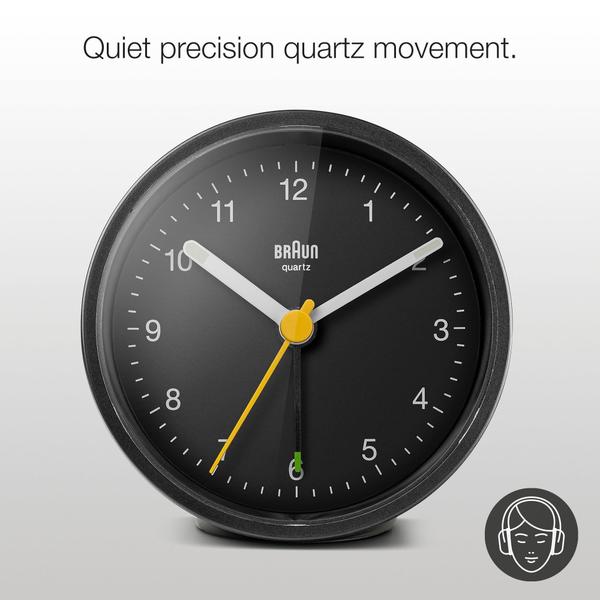 Imagem de Braun Classic Analogue Alarm Clock com Snooze and Light, Quiet Quartz Movement, Crescendo Beep Alarm in Black, Model BC12B.