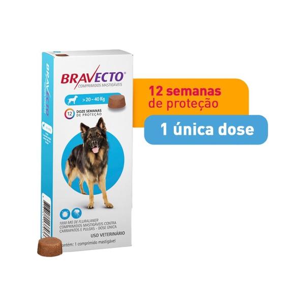 Imagem de Bravecto Antipulgas e Carrapatos para Cães de 20 a 40 kg - 1 Comprimido 1000mg - MSD