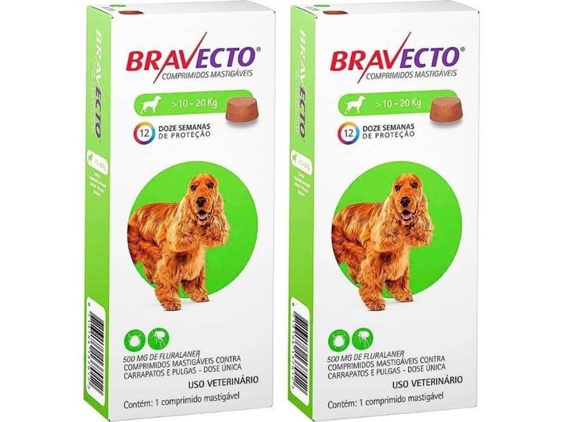 Imagem de BravectoCães 10 A 20kg 500mg Antipulgas - Kit com 2 Unidades -  Envio Imediato