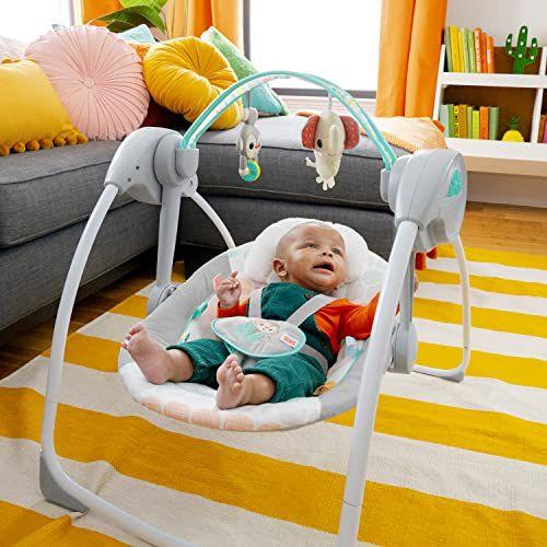 Imagem de Bright Starts Whimsical Wild Portable Compact Automatic Deluxe Baby Swing com música e taggies, recém-nascido e up