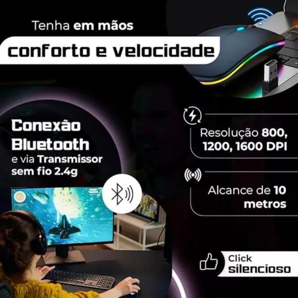 Imagem de Brilhe em cada Movimento: Mouse Sem Fio Recarregável com LED RGB, Envio Imediato