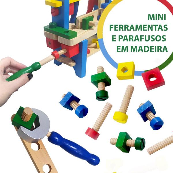 Imagem de Brinquedo Bancada de Ferramentas Infantil Educativo Madeira Montessori Encaixe Montar Pedagógico 