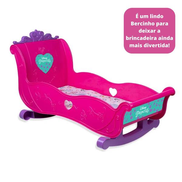 Imagem de Brinquedo Bercinho para Bonecas Princesas Disney 36 cm Plástico Rosa Cotiplas - 2455