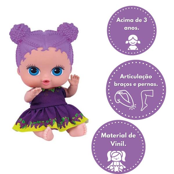 Imagem de Brinquedo Boneca Coleção Frutinhas Uva com Cheirinho de Frutas 19cm Plástico Vinil Roxo Cotiplas - 2510