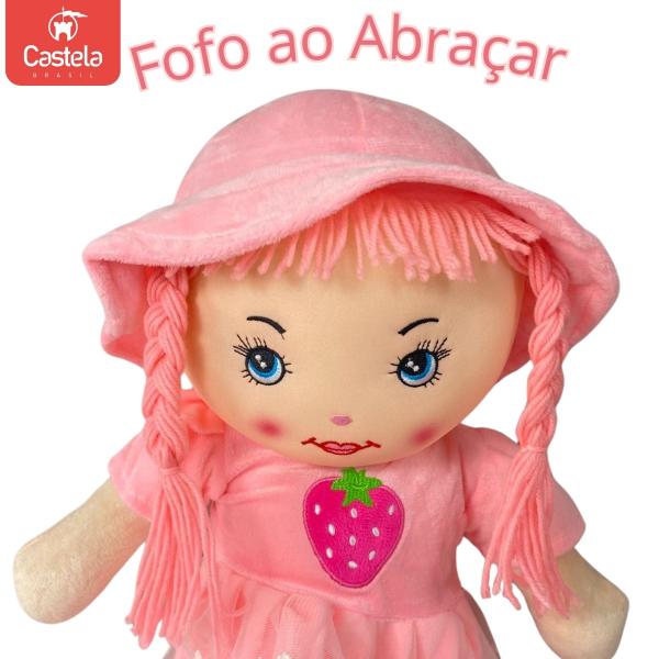 Imagem de Brinquedo Boneca de Pano Pelúcia Infantil Morango Rosa Claro Castela