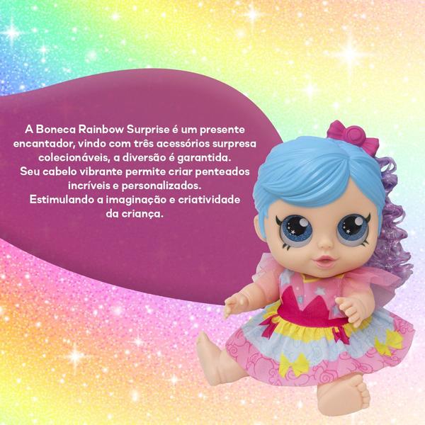 Imagem de Brinquedo Boneca Rainbow Surprise Linda 3 Itens Surpresa