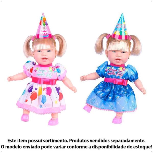 Imagem de Brinquedo Boneca Sonho Azul Feliz Aniversário em Plástico Vinil 48cm com Vestidinho Azul ou Rosa Sortido Cotiplas - 2553