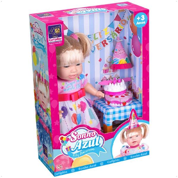 Imagem de Brinquedo Boneca Sonho Azul Feliz Aniversário em Plástico Vinil 48cm com Vestidinho Azul ou Rosa Sortido Cotiplas - 2553