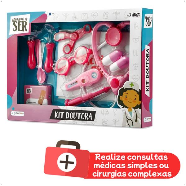 Imagem de Brinquedo Brincando de Ser Médica Kit Doutora com Acessórios Rosa Faz de Conta Imaginação Multikids - BR960