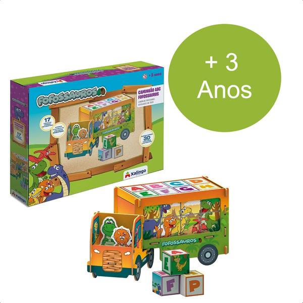 Imagem de Brinquedo Caminhão ABC Playset Fofossauros 17 Peças em Madeira MDF +3 Anos 16 cubos Cartonados Xalingo - 54476