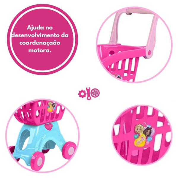 Imagem de Brinquedo Carrinho de Compras Barbie Chef 49cm em Plástico Rosa e Azul Brincando de ir ao Mercado e Feira Cotiplas 2493