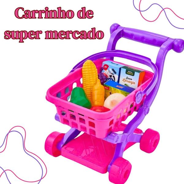 Imagem de Brinquedo Carrinho De Compras Com Frutas, Legumes e Comidinhas Mercado Infantil Brinquedos Menino e Menina +3 Anos