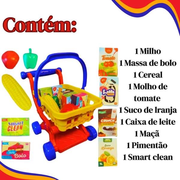 Imagem de Brinquedo Carrinho De Compras Com Frutas, Legumes e Comidinhas Mercado Infantil Brinquedos Menino e Menina +3 Anos