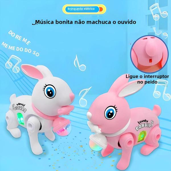 Imagem de Brinquedo Coelho Luminescente - Caminha com Música e Corda de Tração