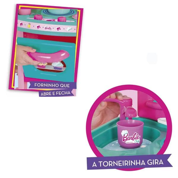 Brinquedo Cozinha da Barbie Chef Rosa Infantil Completa + Acessórios + Fogão + Torneira 61cm em Plástico Cotiplas - 2228 Imagem de Brinquedo Cozinha da Barbie Chef Rosa Infantil Completa + Acessórios + Fogão + Torneira 61cm em Plástico Cotiplas - 2228