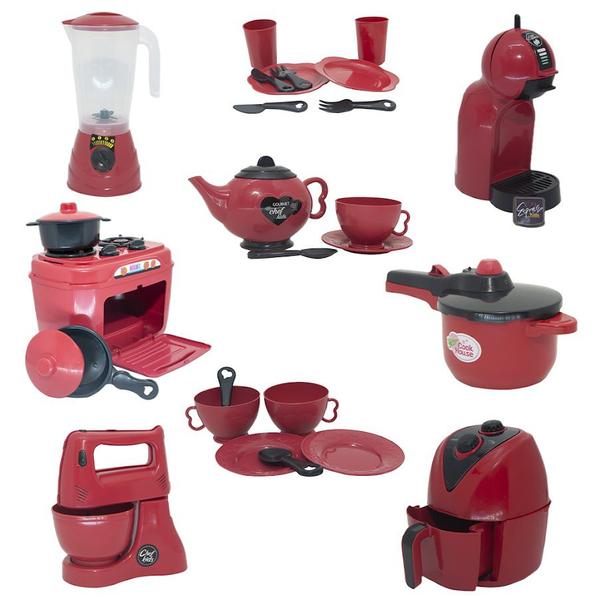 Imagem de Brinquedo Cozinha Vermelho Air Fryer Fogão Panela Bulê 27pç