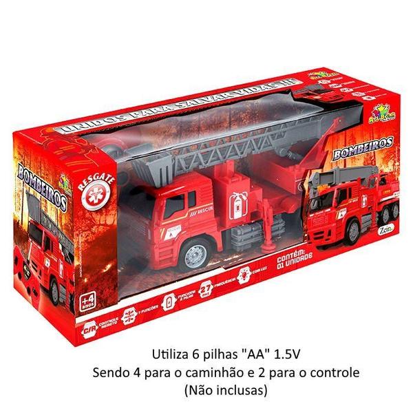 Imagem de Brinquedo Criança Caminhão de Bombeiros Carrinho de Controle Remoto Acende Farol Levanta o Guindaste