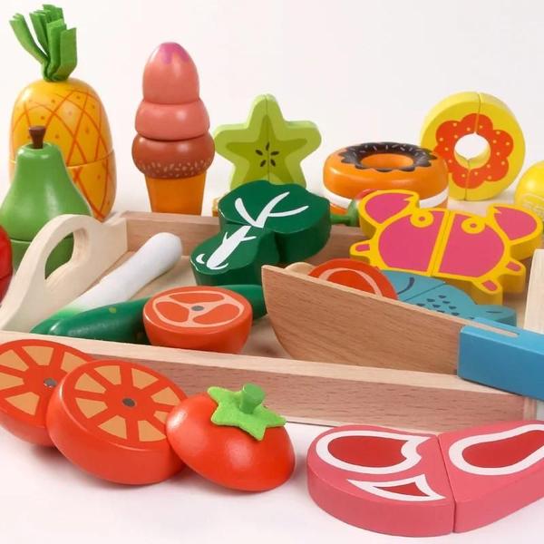 Imagem de Brinquedo de Cozinha de Madeira Montessori para Crianças - Corte de Frutas e Vegetais