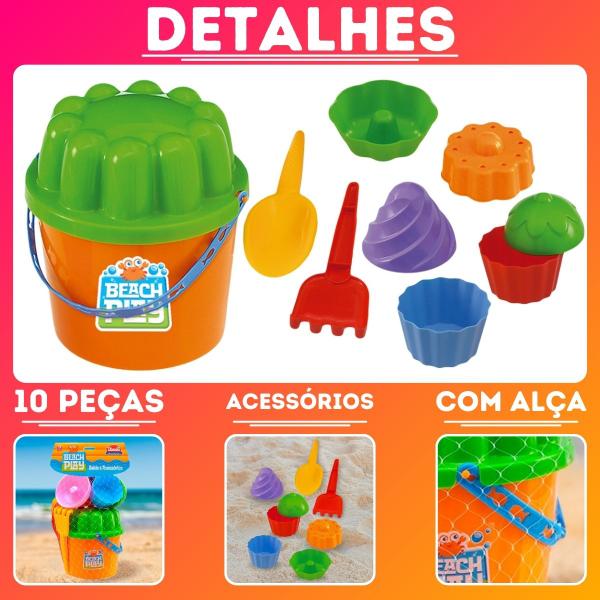 Imagem de Brinquedo de Praia Balde Baldinho Beach Play c/ Forminhas e Rastelo 10 Peças Praia Piscina Água