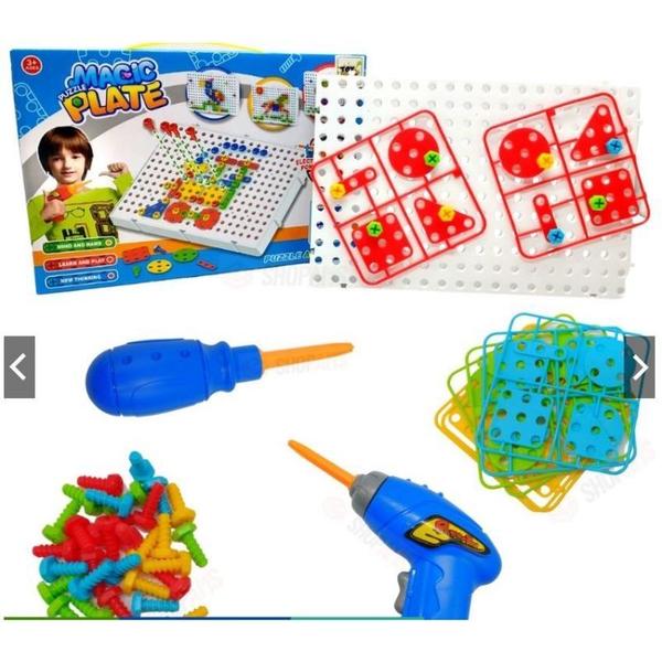 Imagem de Brinquedo designer em maleta de ferramentas com furadeira, tijolos de brinquedo de plástico puzzle 144 peças