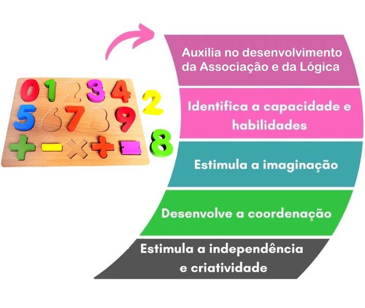 Imagem de Brinquedo Educativo de Encaixar Peças Letras e Números em Madeira