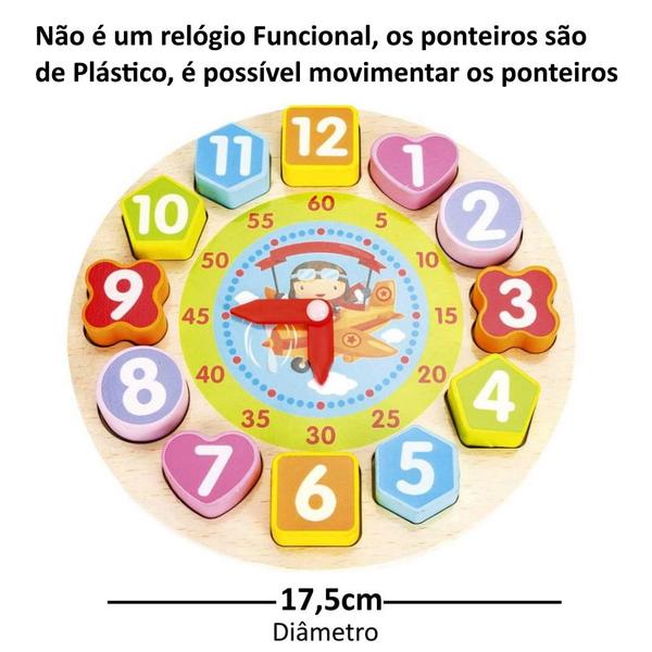 Imagem de Brinquedo Educativo de Encaixar Peças Relógio Divertido Madeira Avião