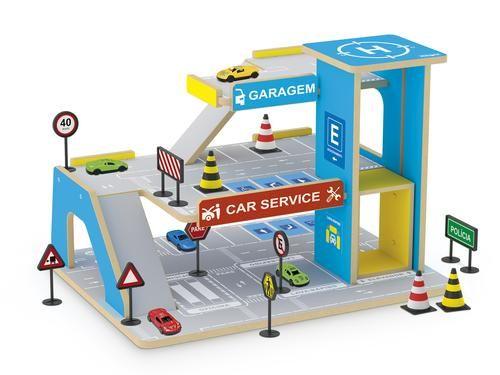 Imagem de Brinquedo Educativo de madeira Car Service - Postinho e Garagem inclui carrinhos e placas de sinalização - Junges