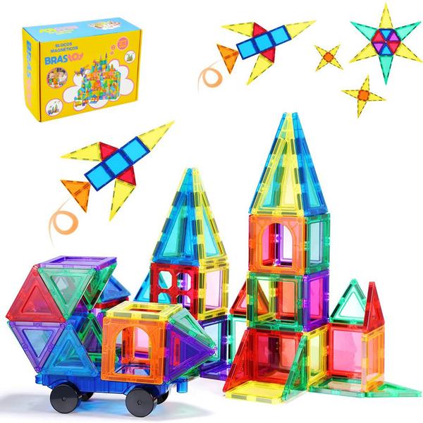 Brinquedo Educativo Infantil Bloco de Montar Magnético 65 ou 130 Peças Coloridas com Bolsa de Armazenamento - Brastoy Imagem de Brinquedo Educativo Infantil Bloco de Montar Magnético 65 ou 130 Peças Coloridas com Bolsa de Armazenamento