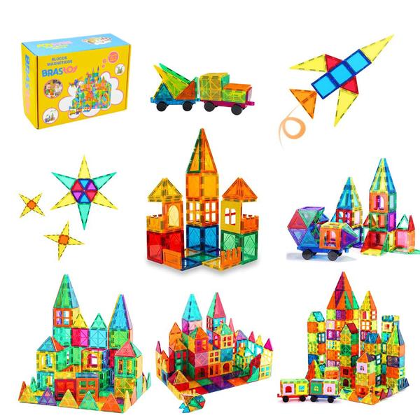 Brinquedo Educativo Infantil Bloco de Montar Magnético 65 ou 130 Peças Coloridas com Bolsa de Armazenamento - Brastoy Imagem de Brinquedo Educativo Infantil Bloco de Montar Magnético 65 ou 130 Peças Coloridas com Bolsa de Armazenamento