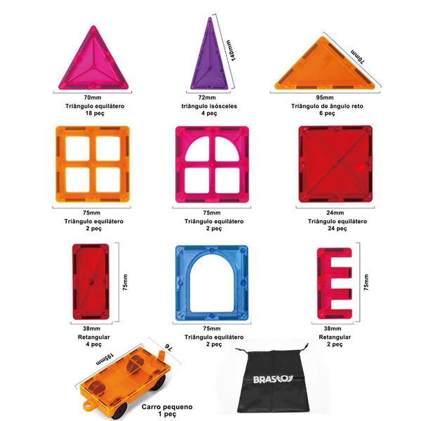 Brinquedo Educativo Infantil Bloco de Montar Magnético 65 ou 130 Peças Coloridas com Bolsa de Armazenamento - Brastoy Imagem de Brinquedo Educativo Infantil Bloco de Montar Magnético 65 ou 130 Peças Coloridas com Bolsa de Armazenamento