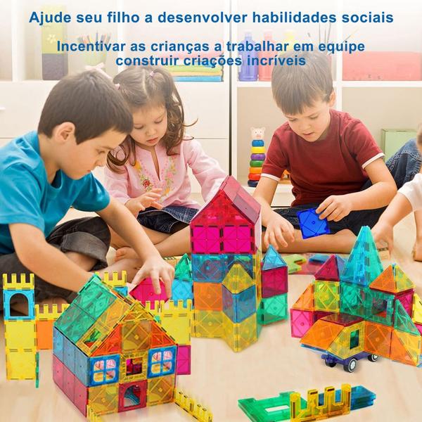 Brinquedo Educativo Infantil Bloco de Montar Magnético 65 ou 130 Peças Coloridas com Bolsa de Armazenamento - Brastoy Imagem de Brinquedo Educativo Infantil Bloco de Montar Magnético 65 ou 130 Peças Coloridas com Bolsa de Armazenamento