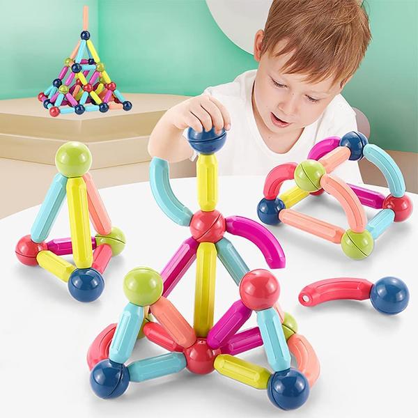 Imagem de Brinquedo Educativo Infantil Bloco de Montar Magnético Brastoy 64 ou 120 Peças Coloridas Grandes com Bolsa de Armazenamento