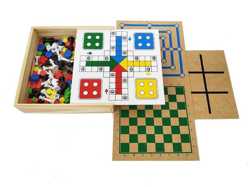 Imagem de Brinquedo Educativo Jogo 5 em 1 Dama Trilha  Ludo Velha Xedrez caixa madeira