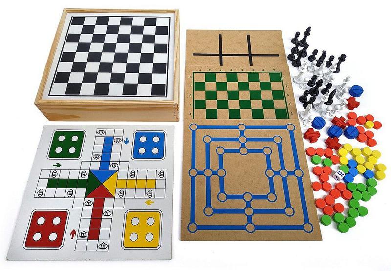 Imagem de Brinquedo Educativo Jogo 5 em 1 Dama Trilha  Ludo Velha Xedrez caixa madeira