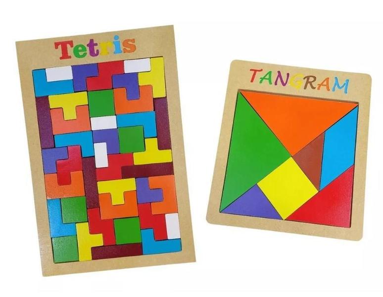 Imagem de Brinquedo Educativo Madeira Quebra Cabeça Tangram Tetris