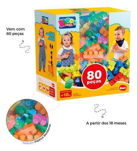 Imagem de Brinquedo Educativo Pedagógico Didático Blocos de Montar Infantil Mais Blocos Dismat 80 peças