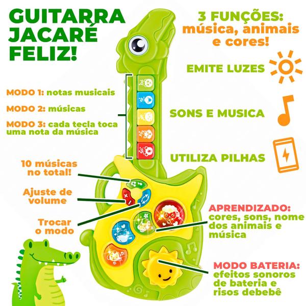 Imagem de Brinquedo Guitarra Jacaré Infantil Pedagógica Para Bebês Com Luz E Som Dm Toys