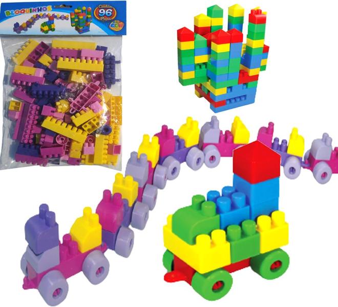 Imagem de Brinquedo Infantil Bloco Monta Monta Rosa 96 Peças Educativo