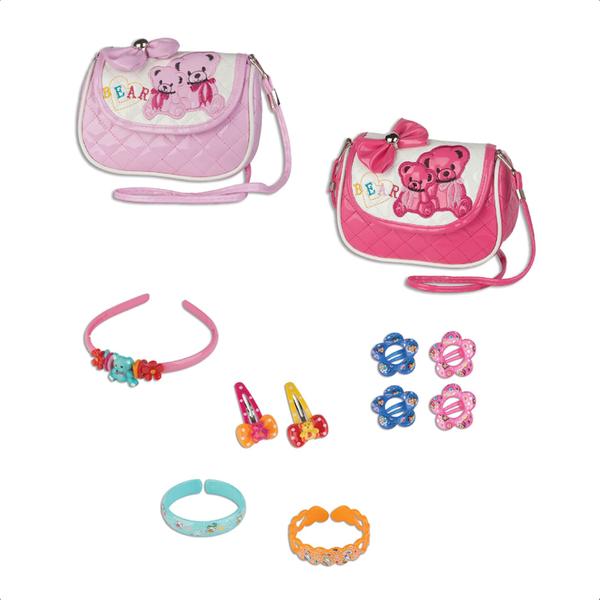 Imagem de Brinquedo Infantil Coleção Princesas Bolsa com Acessórios Tiara Presilhas Sortido Rosa - Fenix BS-201