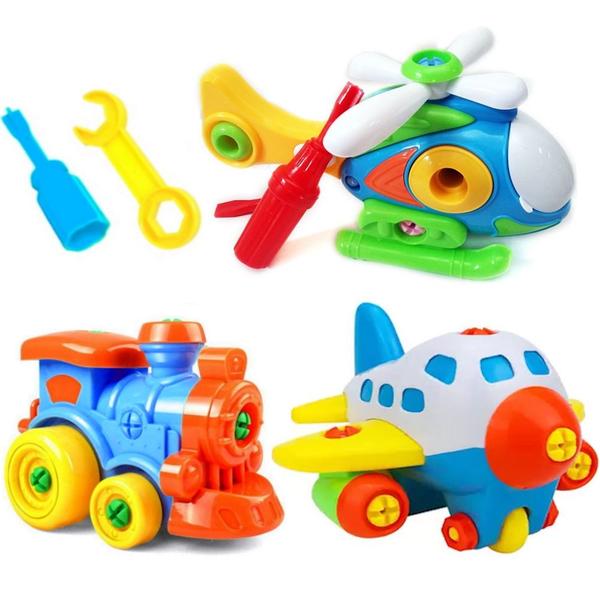 Imagem de Brinquedo Infantil de Montar c/Chave Educativo Kit Trem Helicóptero e Avião