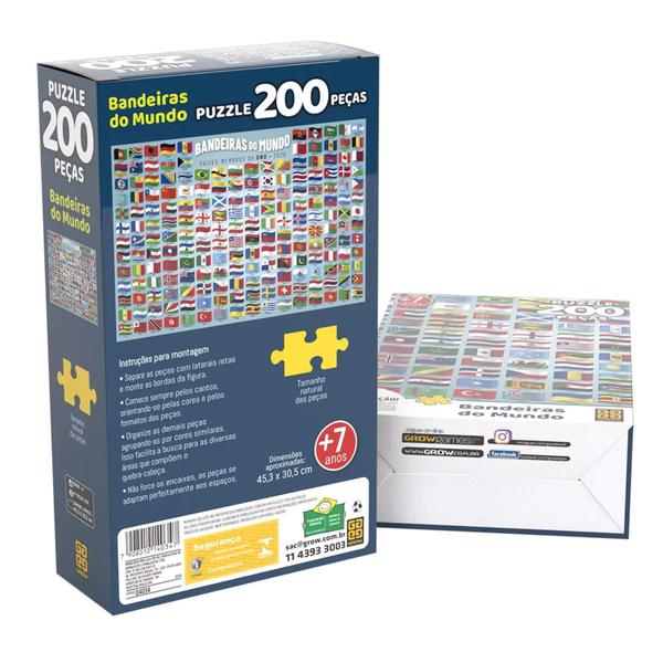 Imagem de Brinquedo Infantil Quebra-Cabeça Puzzle Bandeiras do Mundo 200 Peças Grow - 04034