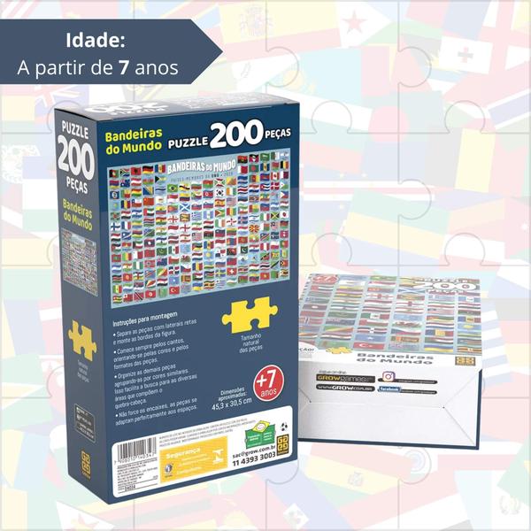 Imagem de Brinquedo Infantil Quebra-Cabeça Puzzle Bandeiras do Mundo 200 Peças Grow - 04034