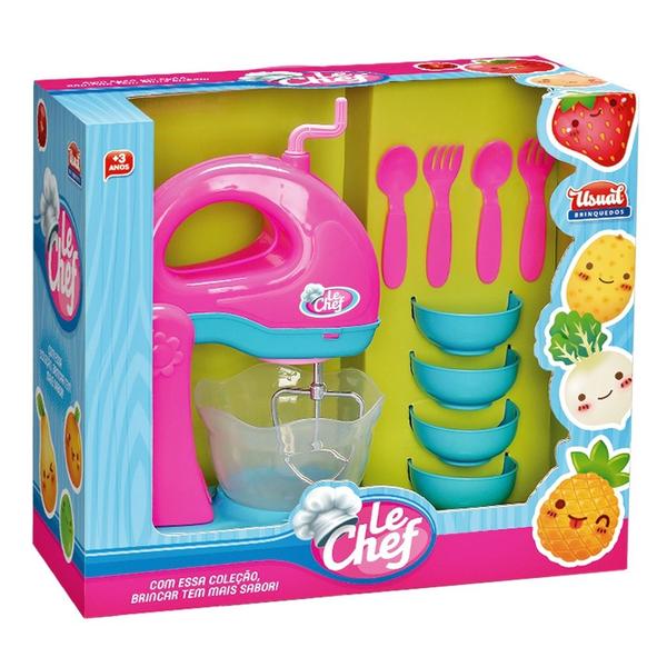 Imagem de Brinquedo Kit LeChef Batedeira Infantil Manivela Educativo Potinhos Garfo Colher Rosa Azul p/ Dia das Crianças Aniversário Menina