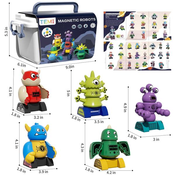 Imagem de Brinquedo Magnet Robot TEMI Monster 35 unidades para crianças de 3 a 5 anos com caixa