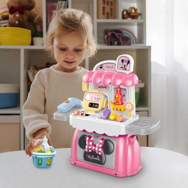 Imagem de Brinquedo Maleta 3 Em 1 Mercado Da Minnie Com Som E Acessórios +3 Anos Criatividade Rosa Multikids - BR1570