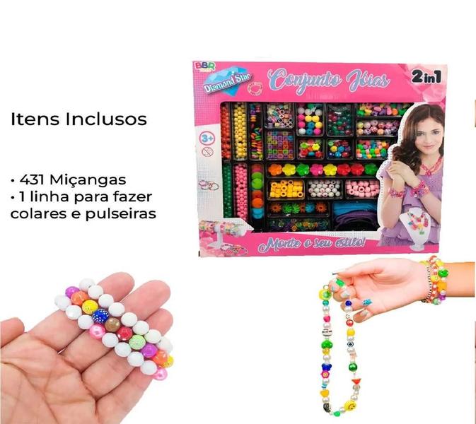 Imagem de Brinquedo Miçangas 431 Peças Infantil Meninas Crie Pulseira Anel e Colar