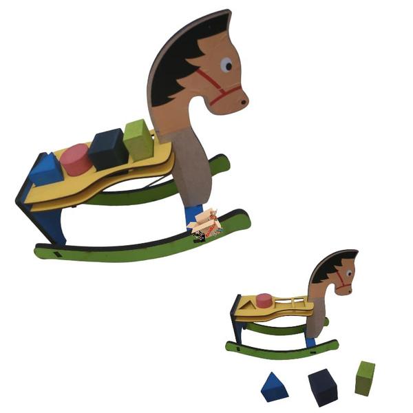 Imagem de Brinquedo Pedagógico Educativo Em Madeira Cavalo Balanço + Formas Geométricas
